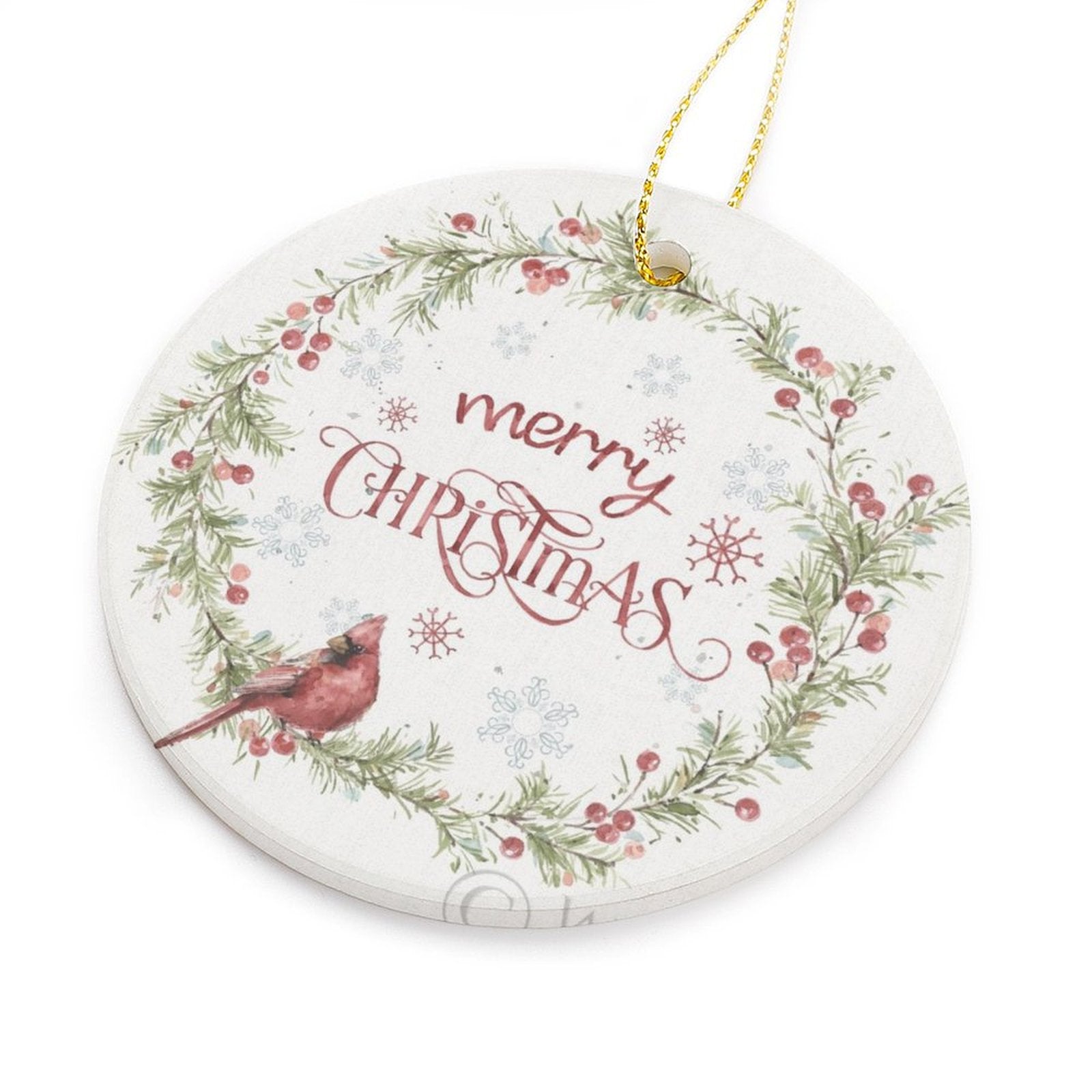 Ceramic Merry Christmas ornament with cardinal design, perfect holiday decor from MyArtsyGift