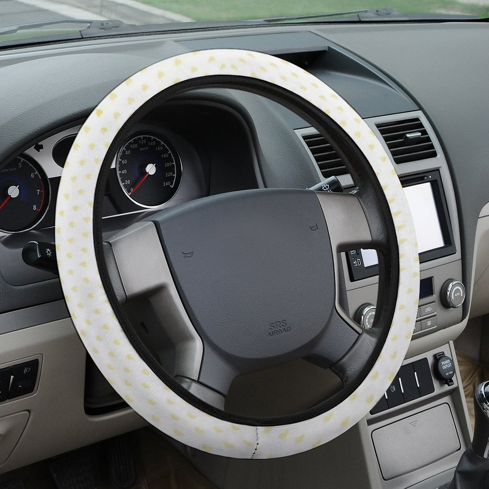 Custom car steering wheel cover made of neoprene with white and yellow polka dots, car interior accessories