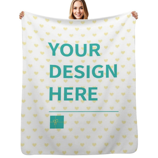 Customizable lamb wool fleece blanket with heart pattern, personalized design on white fabric, made in USA