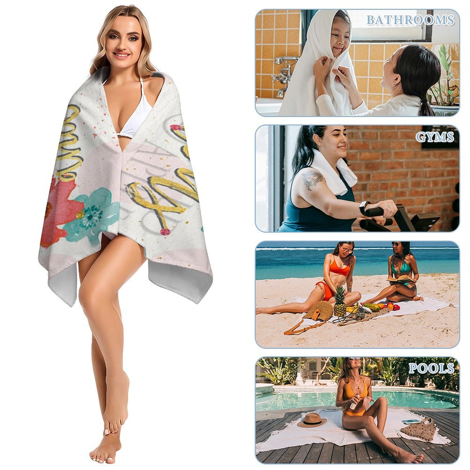 Personalized microfiber beach towel with floral design, perfect for beach, gym, pool, or bath; great customized gift