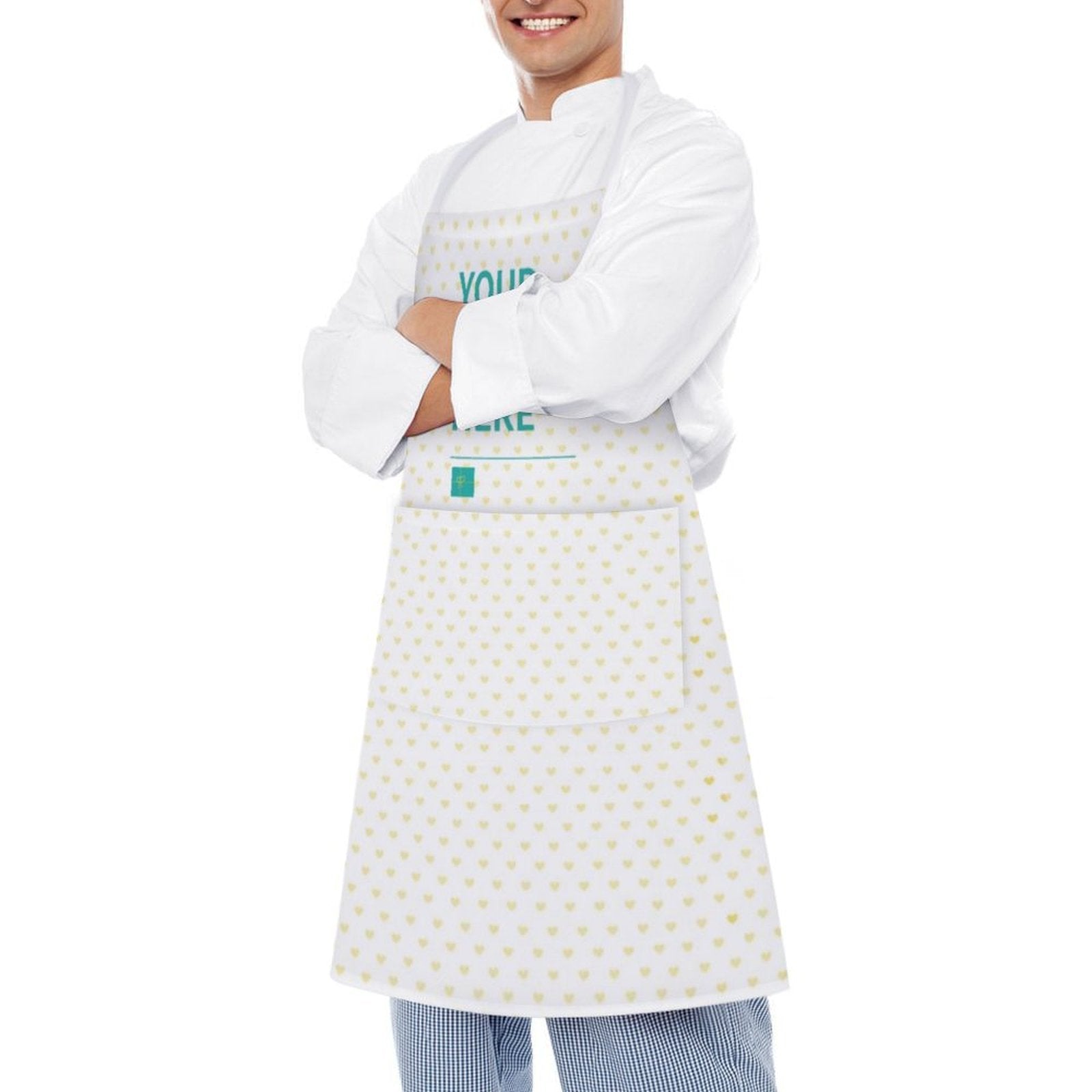 Customizable white apron with pockets, heart pattern, and "YOUR DESIGN HERE" text, perfect for kitchen BBQ.