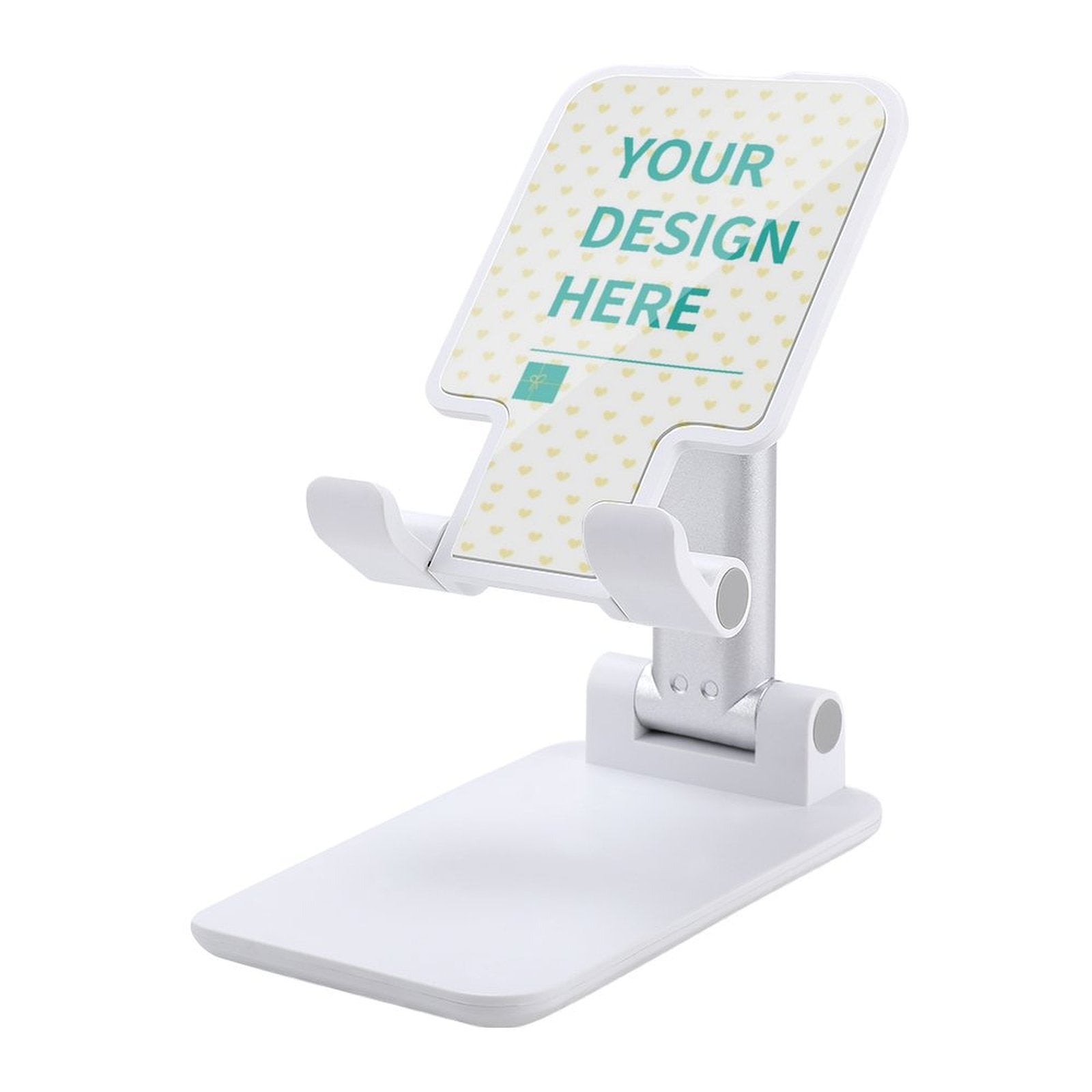 Customizable phone stand, with text 'YOUR DESIGN HERE', adjustable height and angle, ideal for phones and tablets.