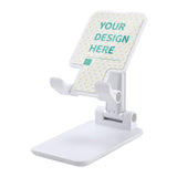 Customizable phone stand, with text 'YOUR DESIGN HERE', adjustable height and angle, ideal for phones and tablets.
