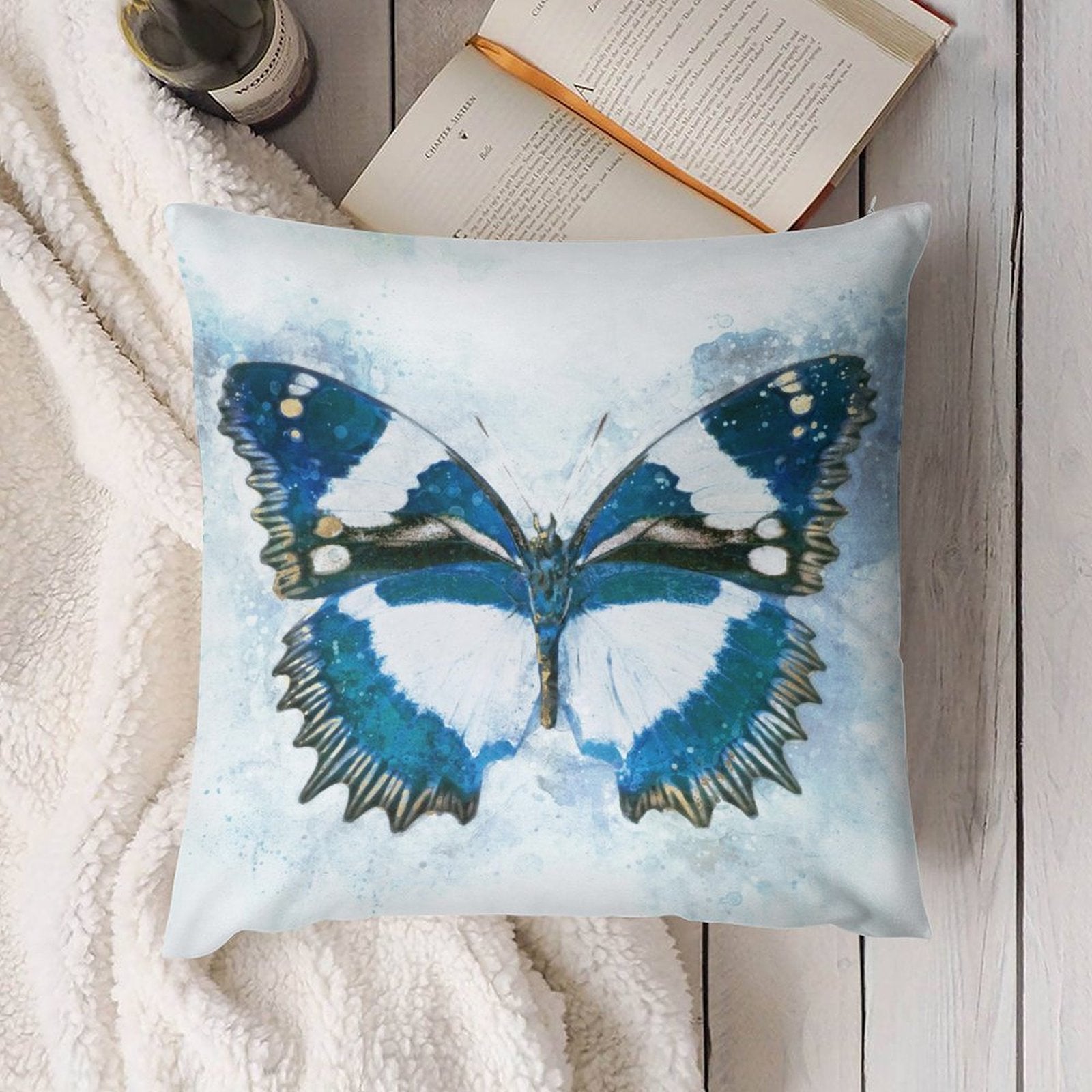 Blue butterfly throw pillow cover. Soft, plush, and decorative, perfect for sofa, couch, and living room decor.