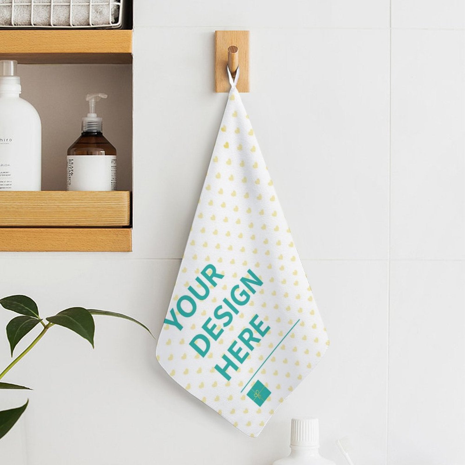 Custom hand towel, "YOUR DESIGN HERE" design, absorbent superfine fiber, for kitchen, bathroom, gym, or spa.