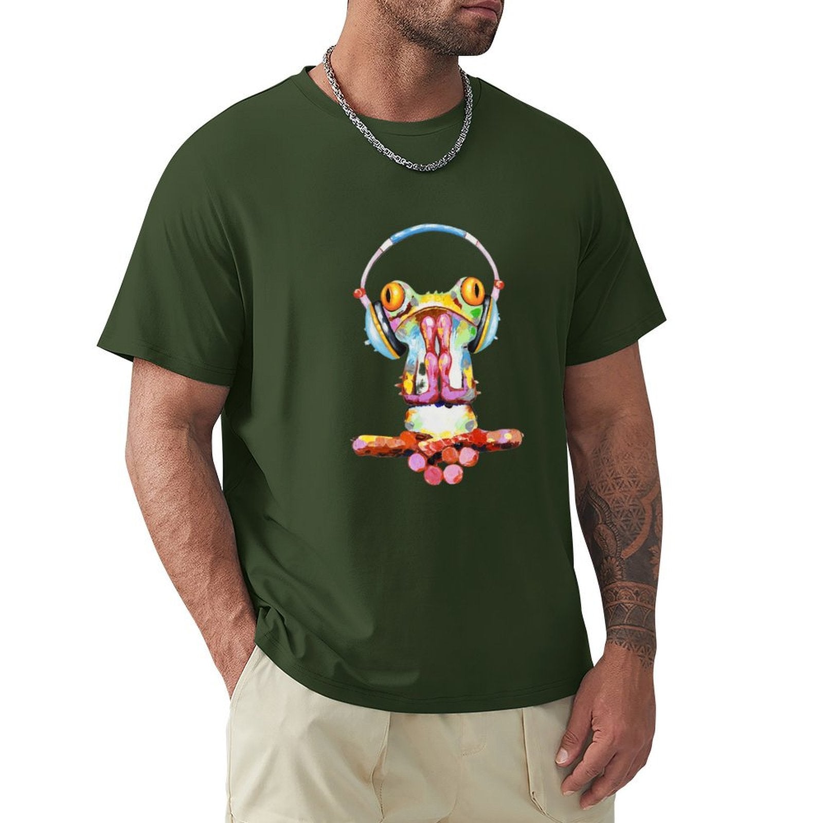 Men's green crew neck t-shirt featuring colorful frog graphic with headphones. MyArtsyGift, comfortable cotton tee.