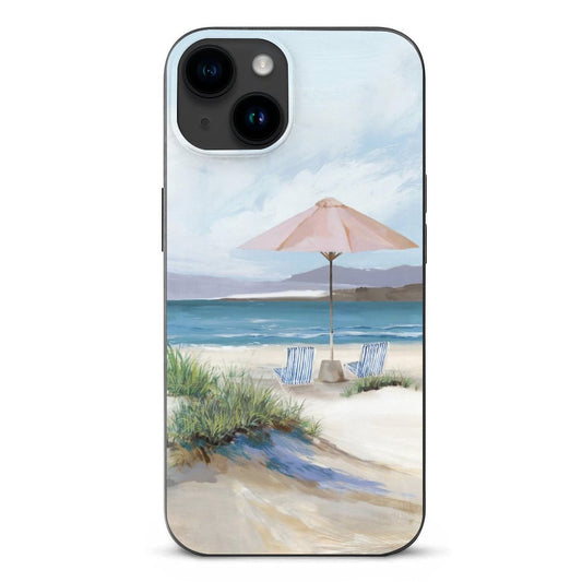 iPhone 15 case with beach scene art. Anti-slip, shockproof case for women and men. TPU material.
