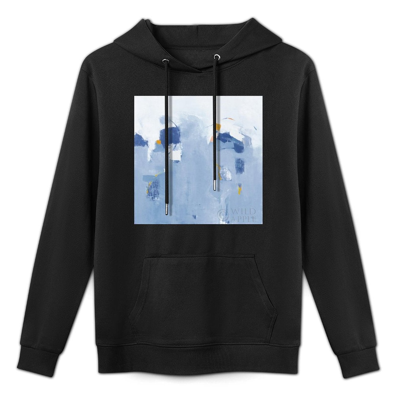 Men's black stick hooded sweatshirt with abstract art design, comfortable, USA made, featuring 'WILD APPLE' art