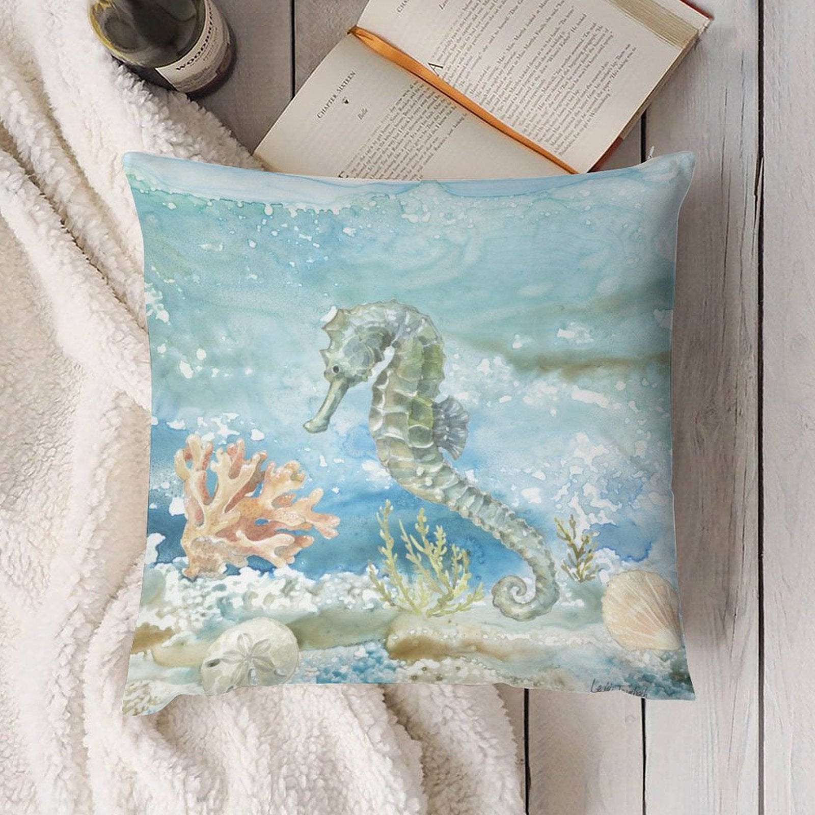 Seahorse watercolor pillow cover. Soft, short plush decorative pillow for sofa, couch, living room. Art by Laide Trindade