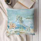 Seahorse pillow cover, soft plush design, for sofa or couch. Watercolor art by artist, perfect for MyArtsyGift's home decor.