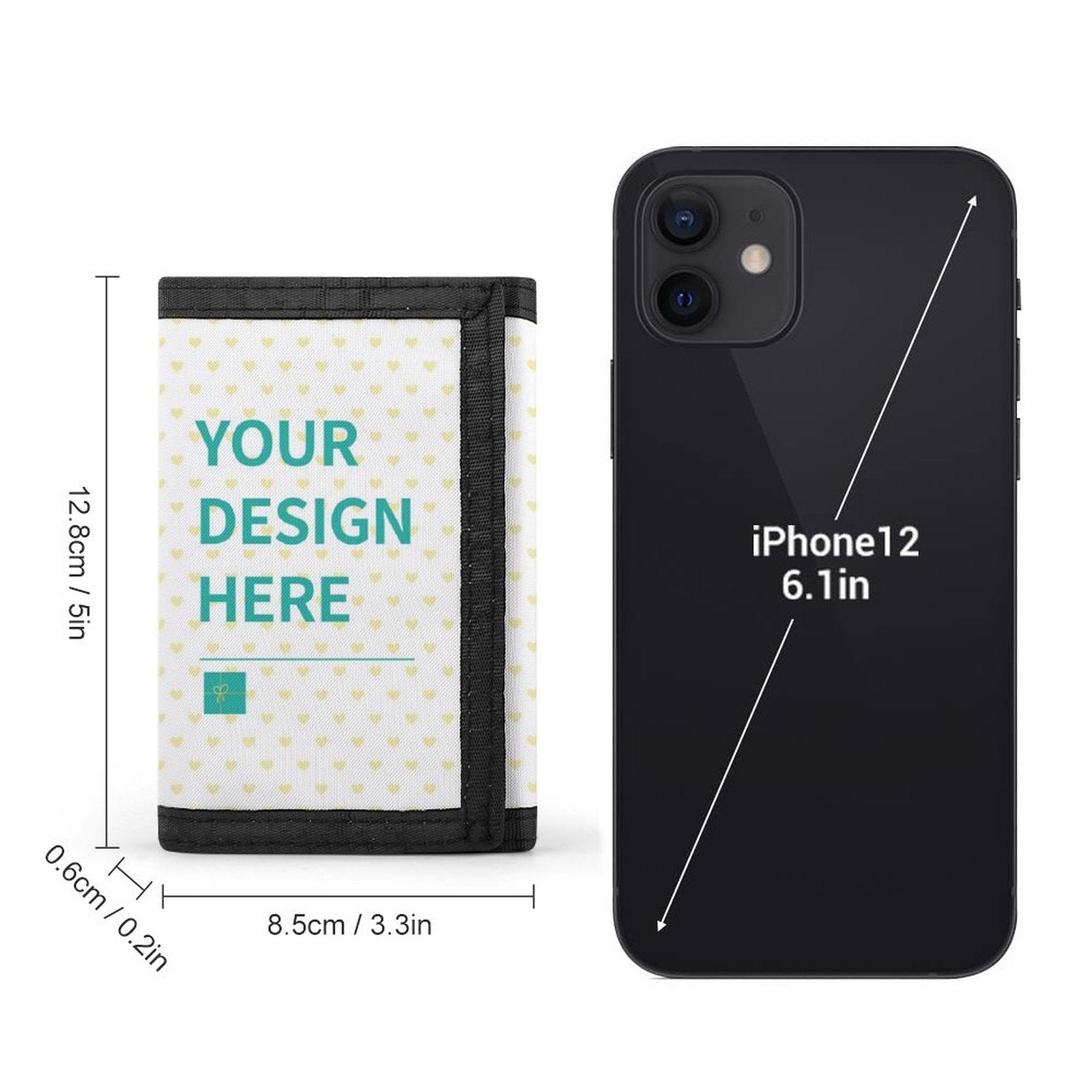 Customizable trifold wallet for men, featuring 'YOUR DESIGN HERE'. Includes dimensions, and a black iPhone 12 for scale.