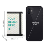 Customizable trifold wallet for men, featuring 'YOUR DESIGN HERE'. Includes dimensions, and a black iPhone 12 for scale.