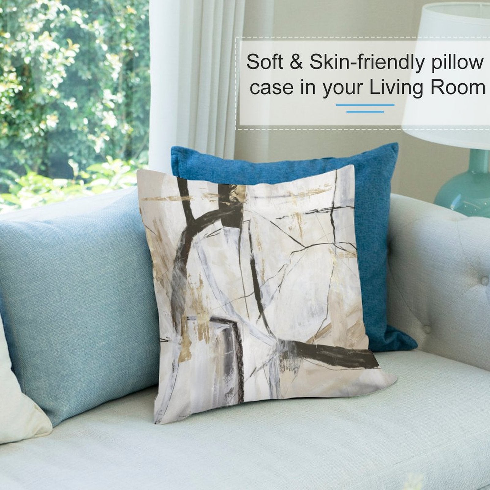 Abstract art pillow cover on sofa, soft and skin-friendly. Neutral tones for living room decor, MyArtsyGift
