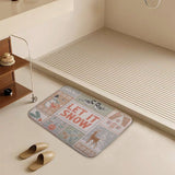 Coral velvet bath rug with LET IT SNOW design, non-slip floor carpet for bathroom and kitchen decor, winter theme.