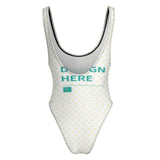 Customizable one-piece swimsuit for women with heart pattern and 'YOUR DESIGN HERE' design; personalized swimwear.