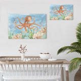Octopus and coral canvas print wall art for living room, watercolor painting on canvas