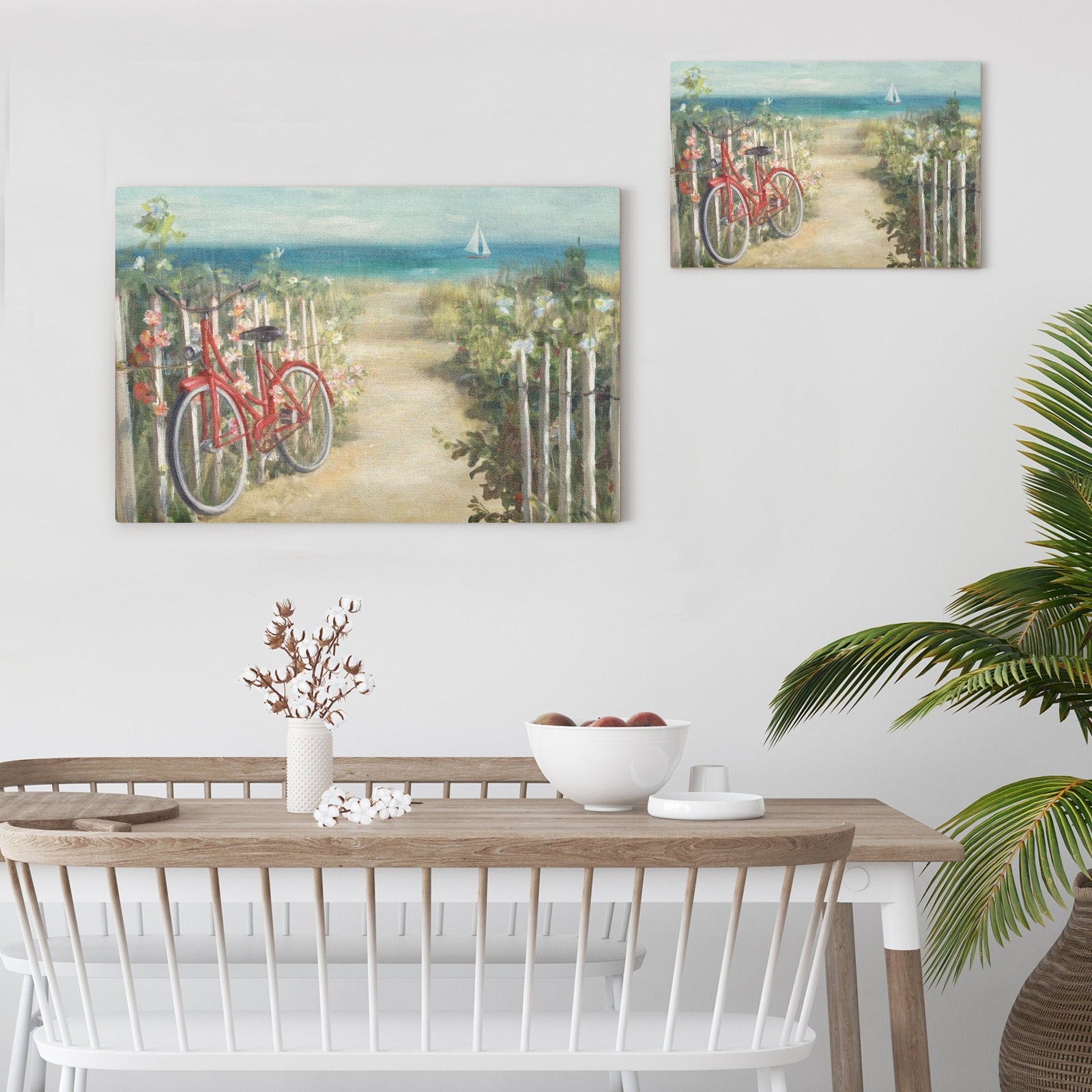 Summer Ride canvas print featuring a red bicycle on a beach path, perfect wall decor