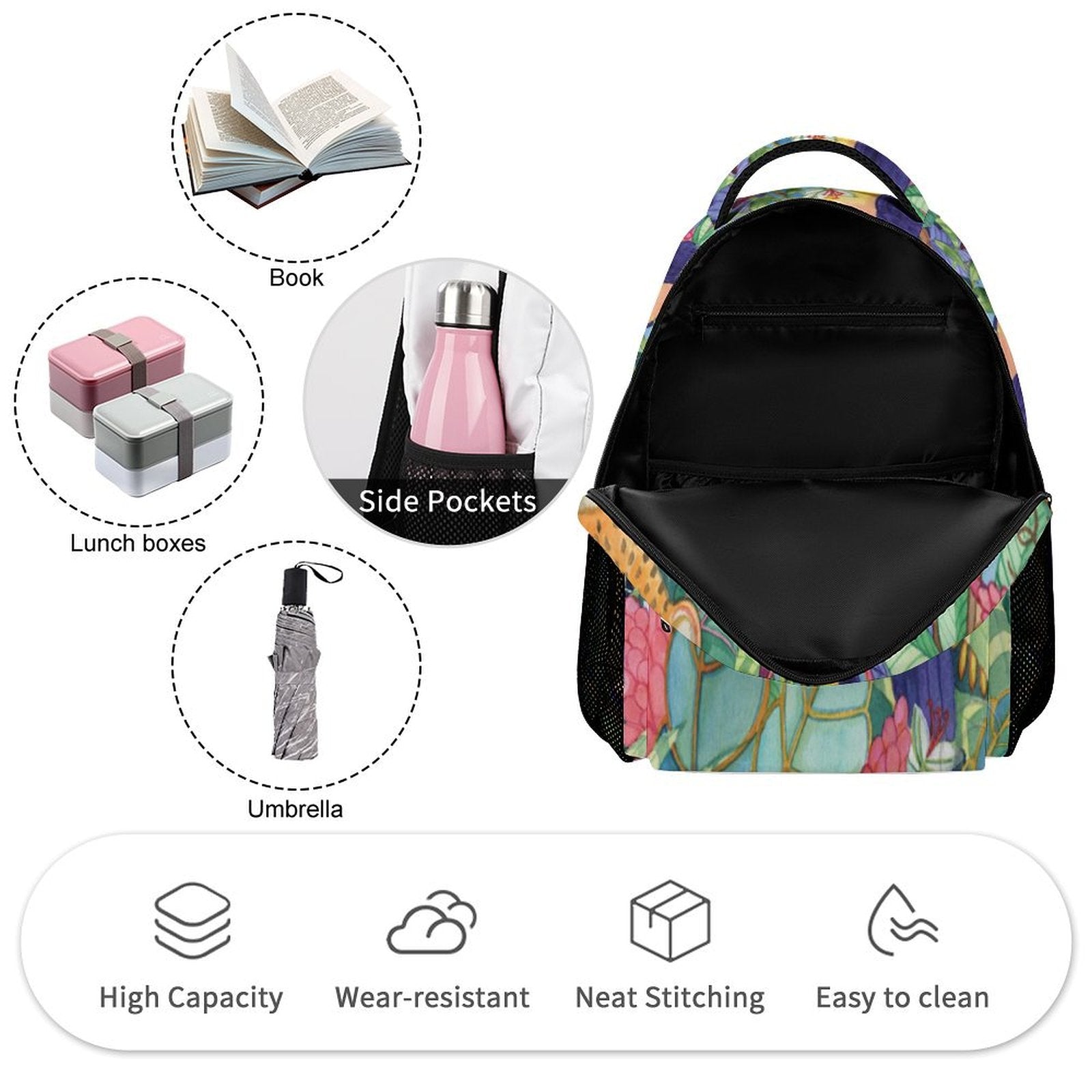 School backpack with floral design, high capacity, wear-resistant, neat stitching, and easy to clean for kids and teens.