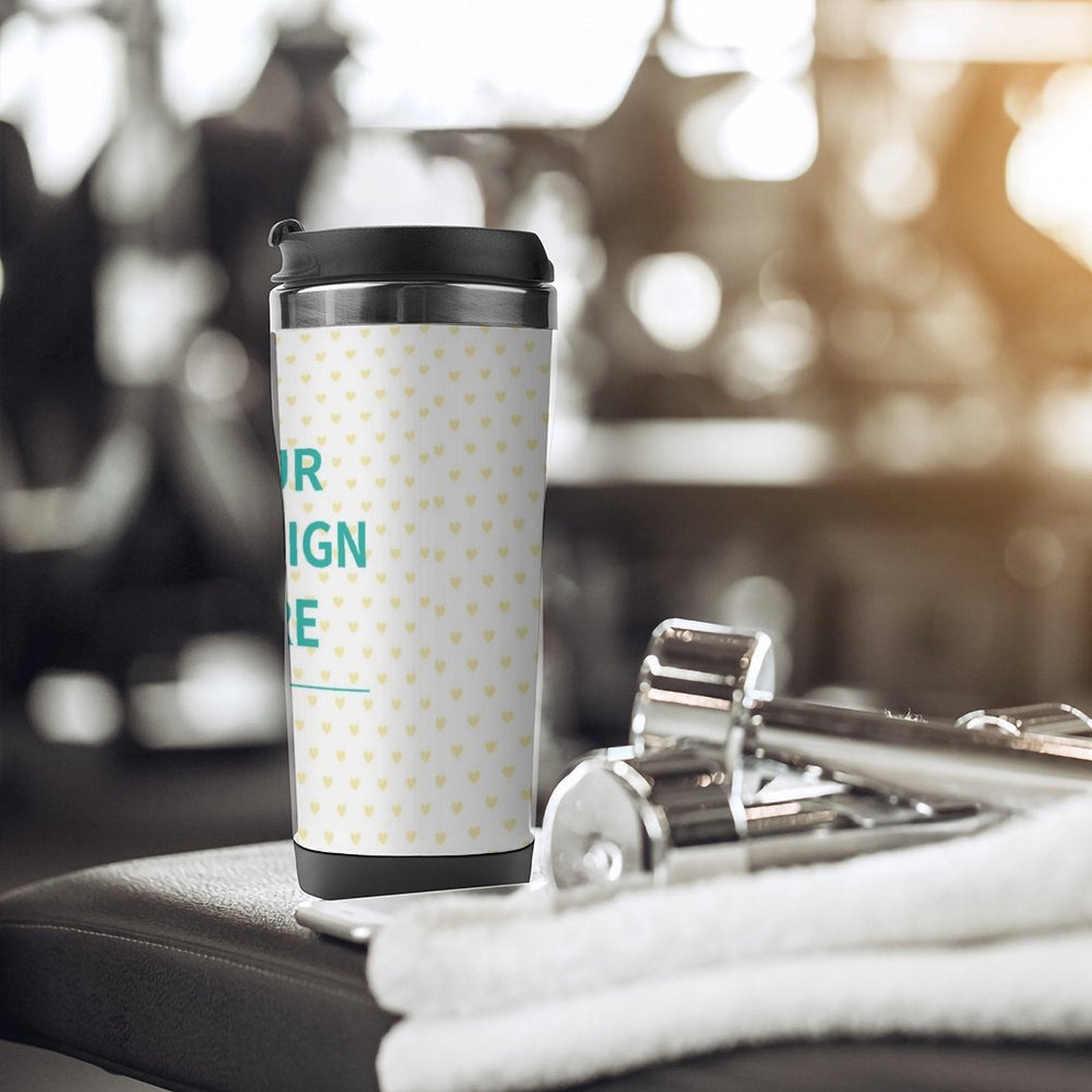 Personalized travel mug with 'YOUR DESIGN HERE', double-layer stainless steel, suitable for car, gym, office use.