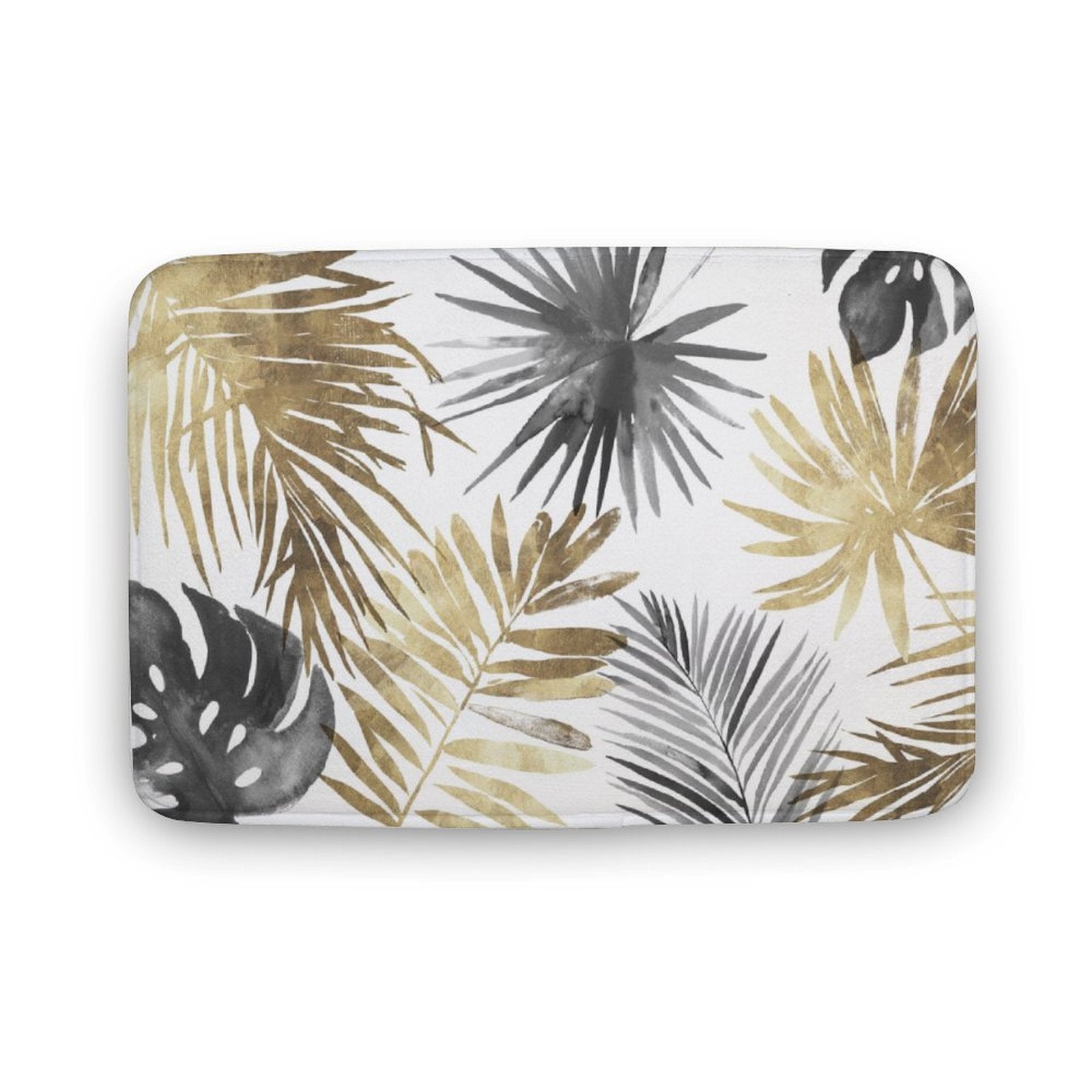Coral velvet bath rug with gold, gray, and black tropical leaf design