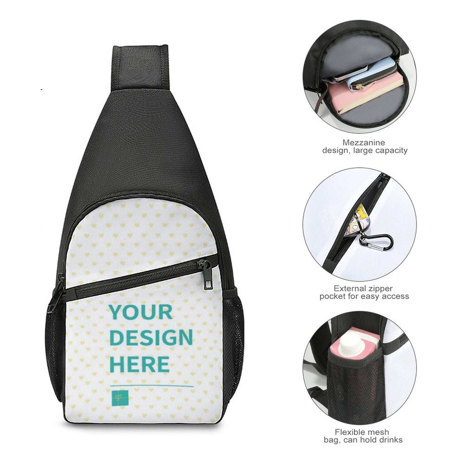Personalized sling backpack with custom design area, black Oxford cloth, and multiple storage features.