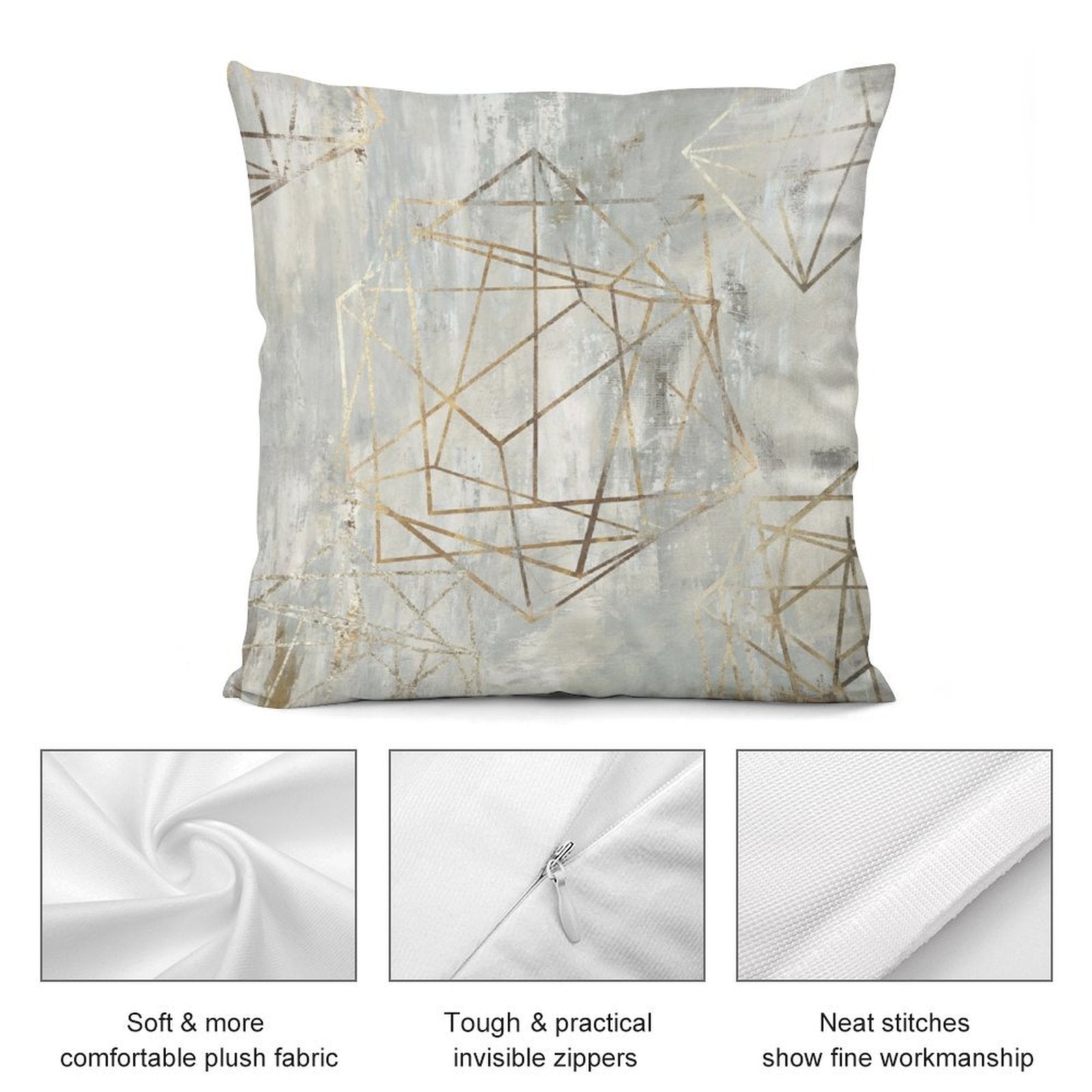 Luxury plush pillow cover with geometric gold design, soft plush fabric, invisible zippers, and fine stitching.