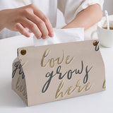 Beige PU tissue box cover with 'Love Grows Here' design, rectangular facial tissue holder for home decor