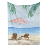 Summer beach flannel blanket with beach scene, perfect for sofa, couch, or bed, made in USA