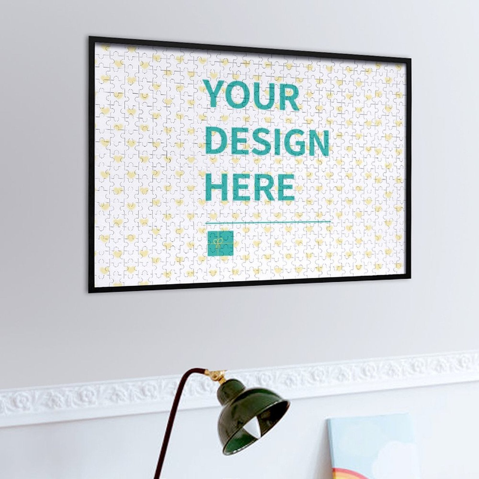 Custom photo puzzle with 'YOUR DESIGN HERE' text; Personalized wooden jigsaw puzzle for adults and kids. Perfect custom gift.