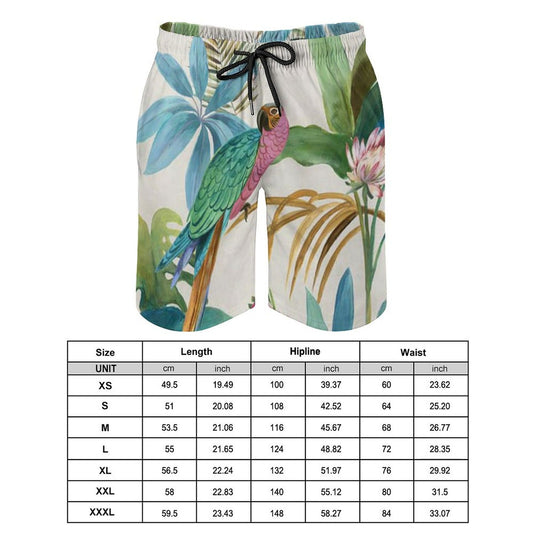 Men's Hawaiian swim trunks with parrot print, drawstring, quick-dry fabric, and a size chart, perfect beach board gifts