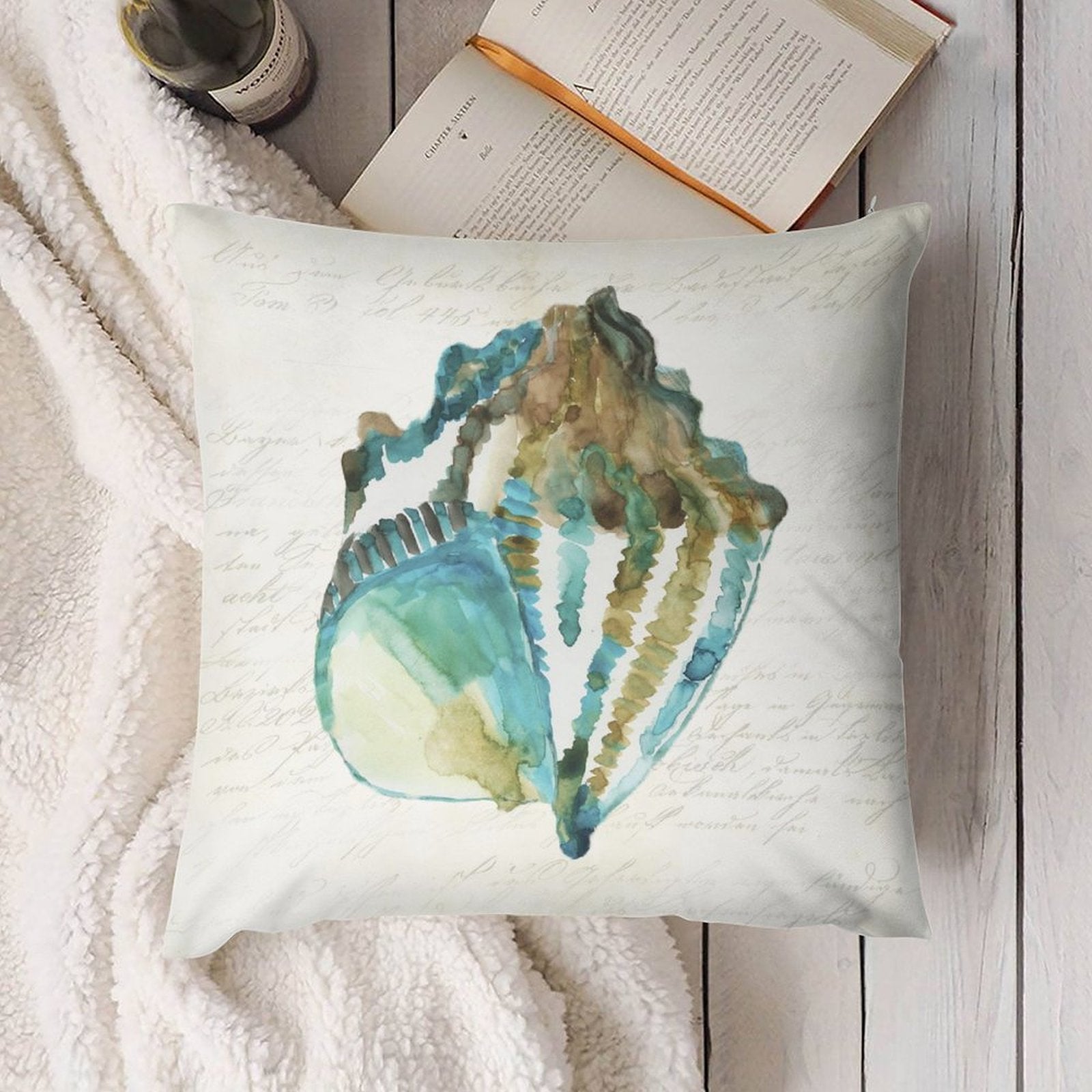 Watercolor seashell plush throw pillow cover for sofa and living room decor. Soft, fluffy pillow cover with vintage design.