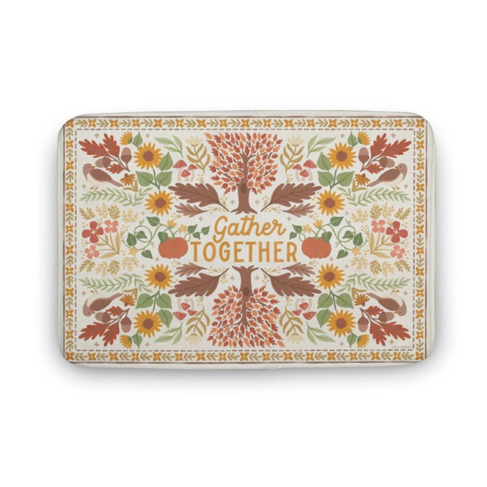 Coral velvet bath rug with autumn floral pattern, "Gather Together" text, non-slip for bathroom and kitchen