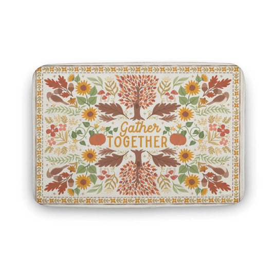 Coral velvet bath rug with autumn floral pattern, "Gather Together" text, non-slip for bathroom and kitchen
