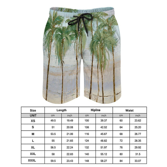 Men's Hawaiian swim trunks with palm tree print, size chart included, quick dry polyester