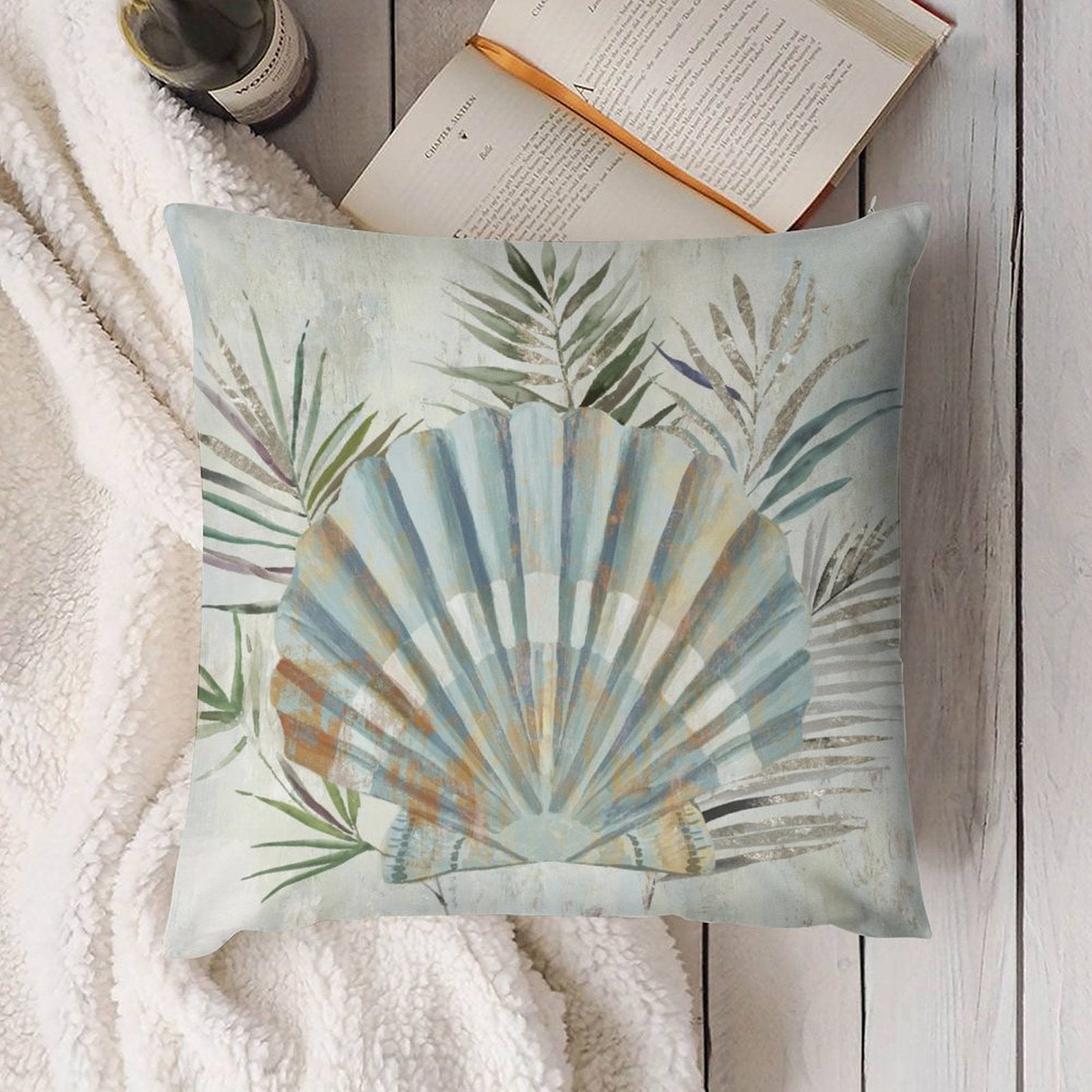 Seashell design plush pillow cover with palm leaves for sofa, couch, and living room decor. Soft short plush material.