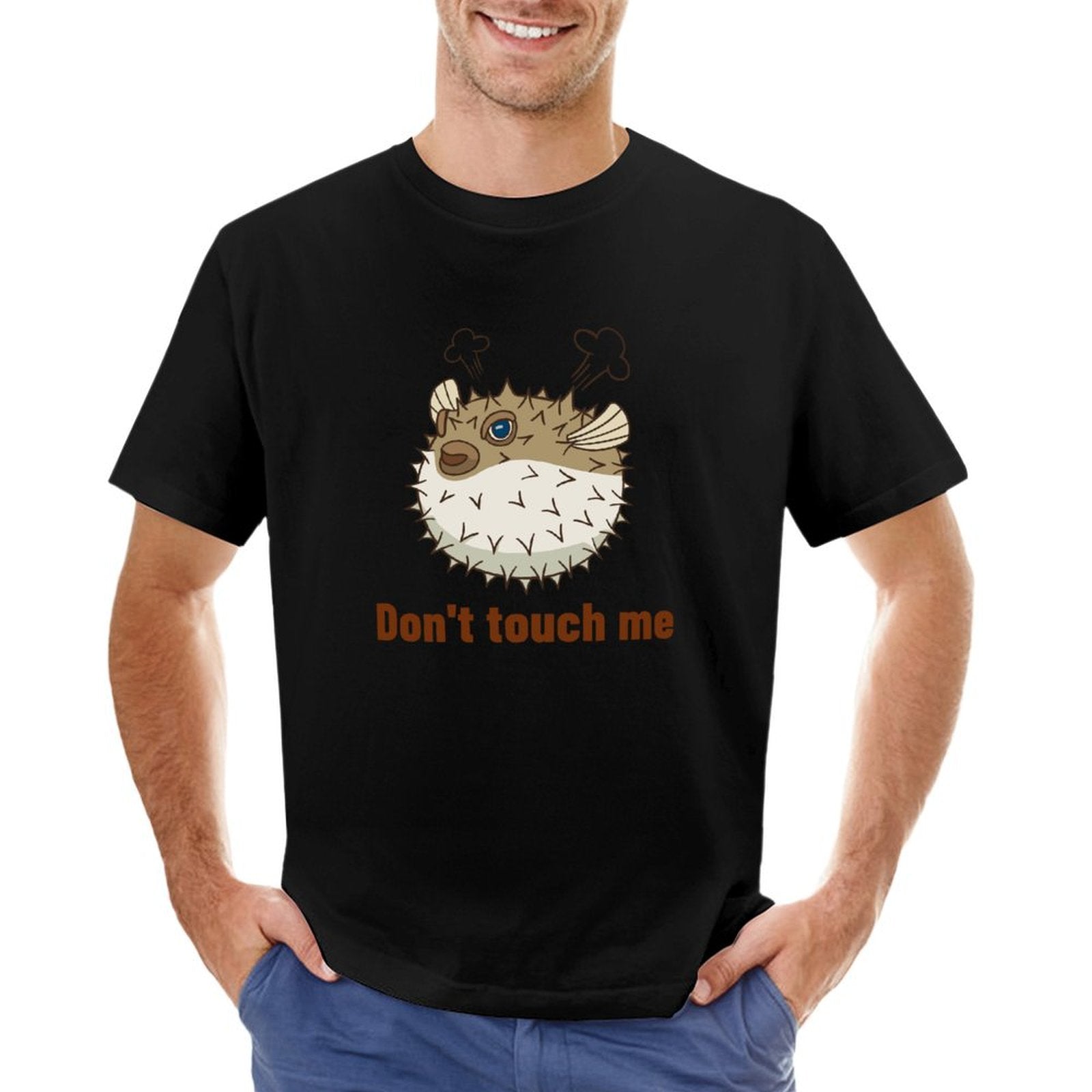 Black men's t-shirt with pufferfish graphic, "Don't touch me" design. Crew neck tee
