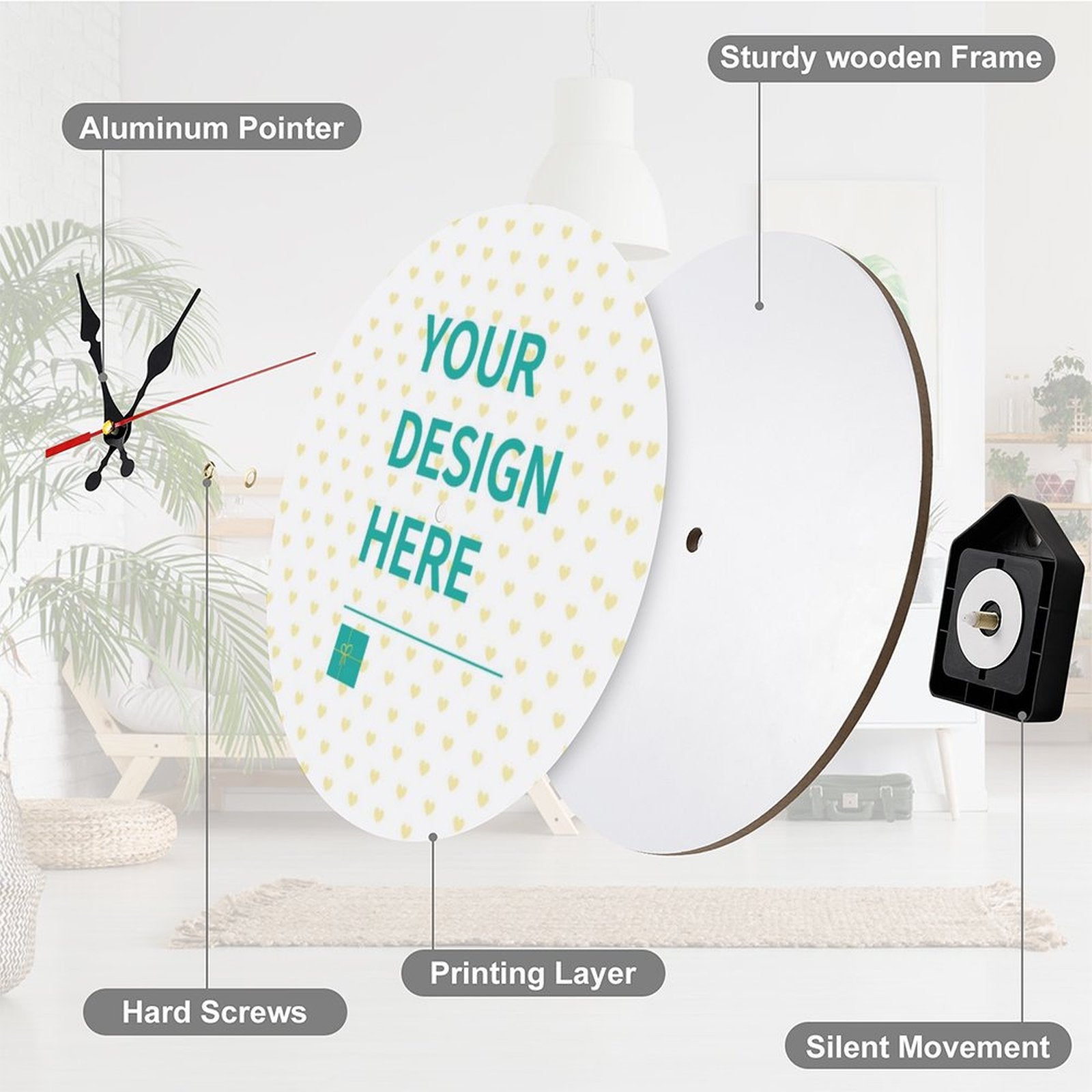 Personalized wooden wall clock with 'YOUR DESIGN HERE' design, silent movement, perfect for home decor and gifting.