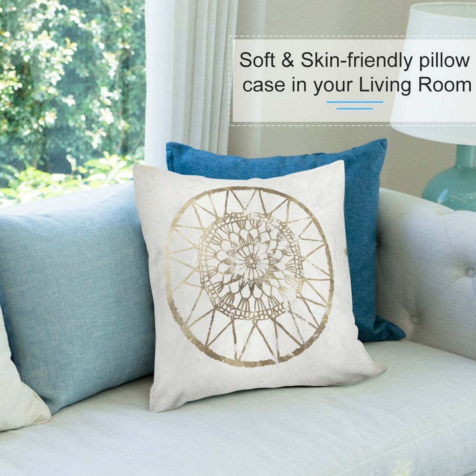 Soft plush pillow cover with gold mandala design on sofa, skin-friendly in living room, decorative pillow cover