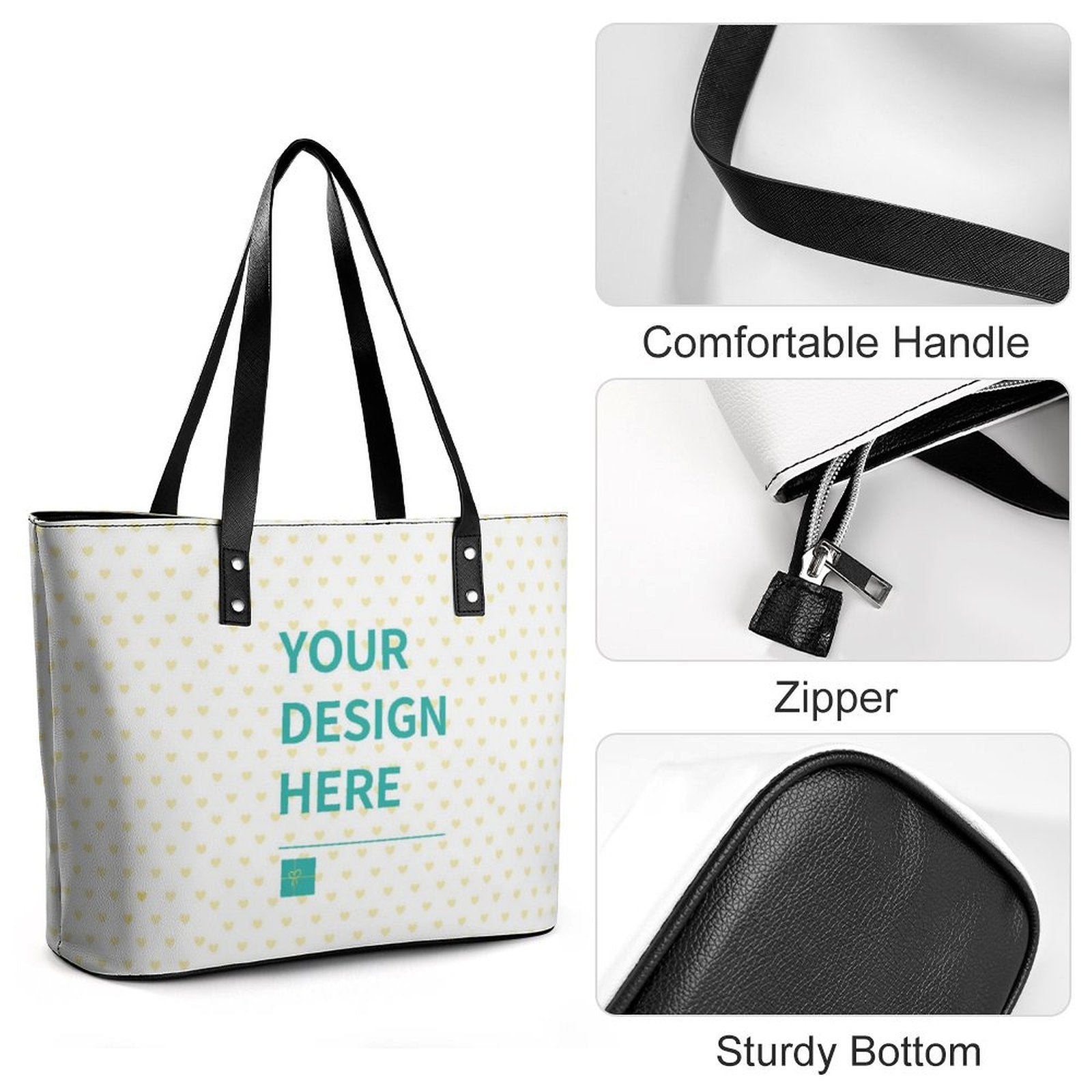 Personalized leather tote bag with custom design. Features: comfortable handle, zipper, and sturdy bottom. Shopping bag.