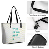Personalized leather tote bag with custom design. Features: comfortable handle, zipper, and sturdy bottom. Shopping bag.
