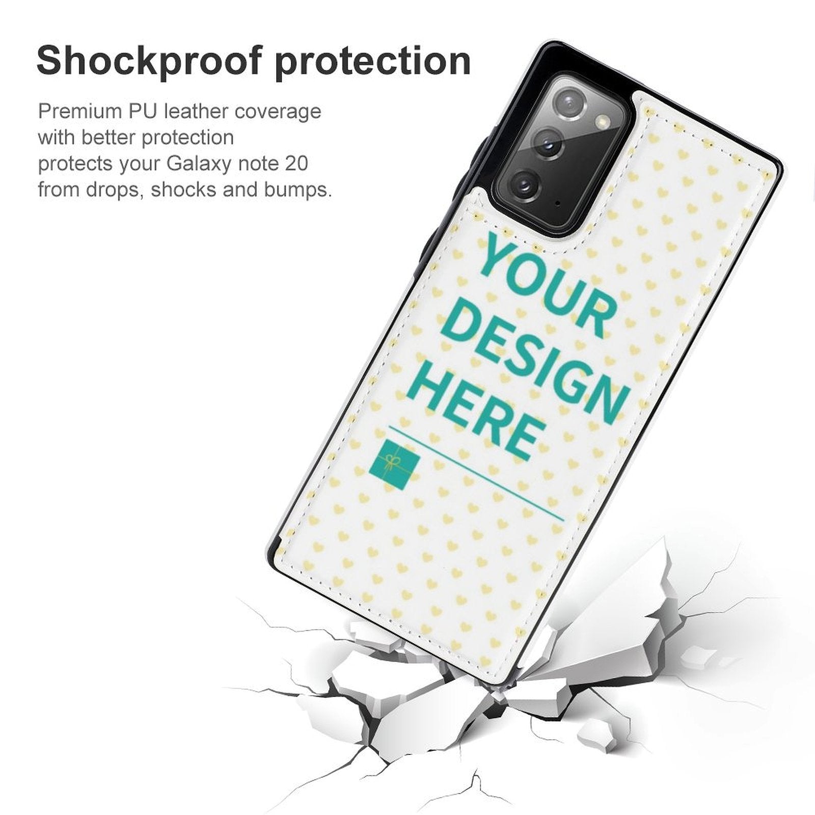 Customizable PU leather flip cover for Samsung Galaxy Note20, showcasing design, shockproof protection