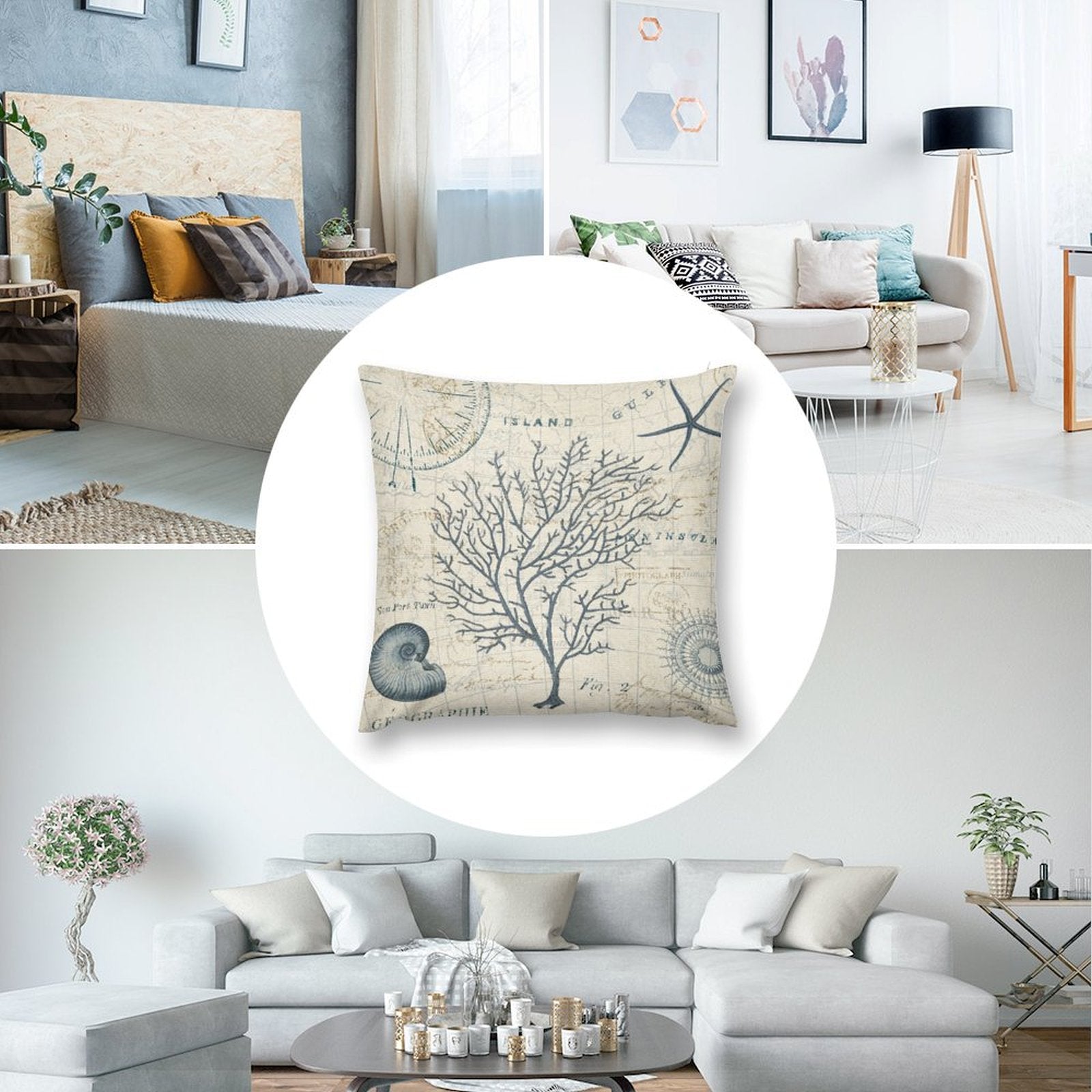 Sea map design throw pillow cover, soft short plush, ideal for sofa, couch, and living room decor.