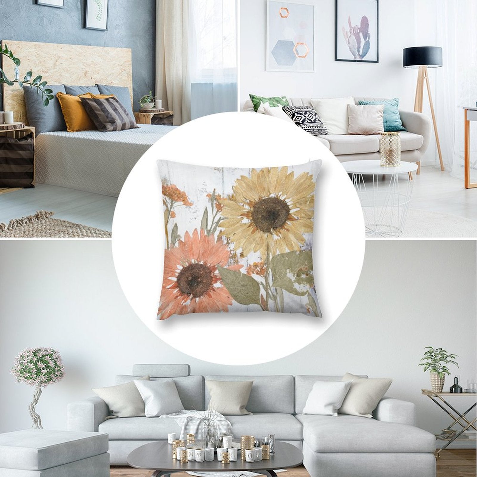 Sunflower throw pillow cover in a cozy living room setting. Soft plush decorative pillow on a sofa for MyArtsyGift.