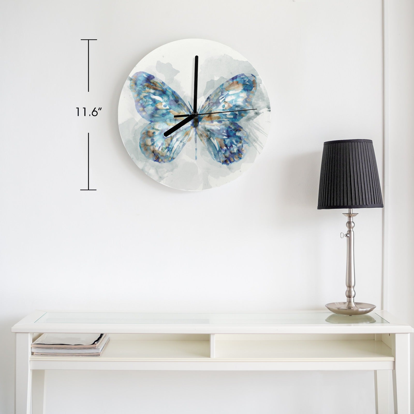 Modern blue butterfly MDF wall clock, 11.6" diameter, living room decor