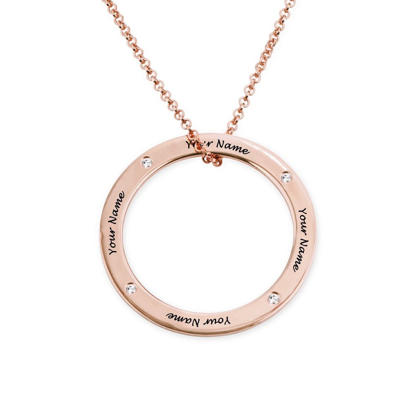 Personalized rose gold circle necklace engraved with names, custom pendant gift