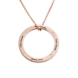 Personalized rose gold circle necklace engraved with names, custom pendant gift
