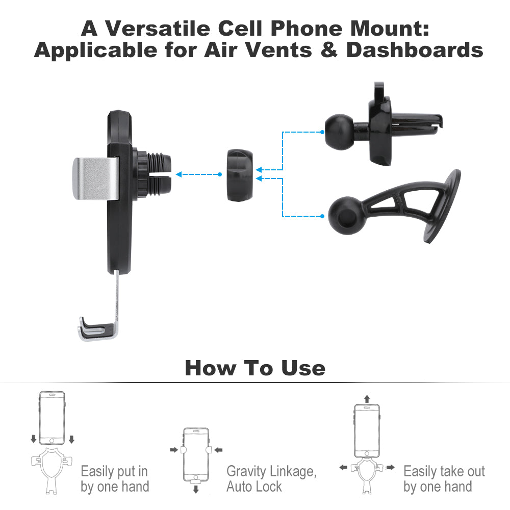 Versatile black car phone mount, easy installation on air vents and dashboards, featuring gravity linkage auto-lock.