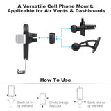 Versatile black car phone mount, easy installation on air vents and dashboards, featuring gravity linkage auto-lock.
