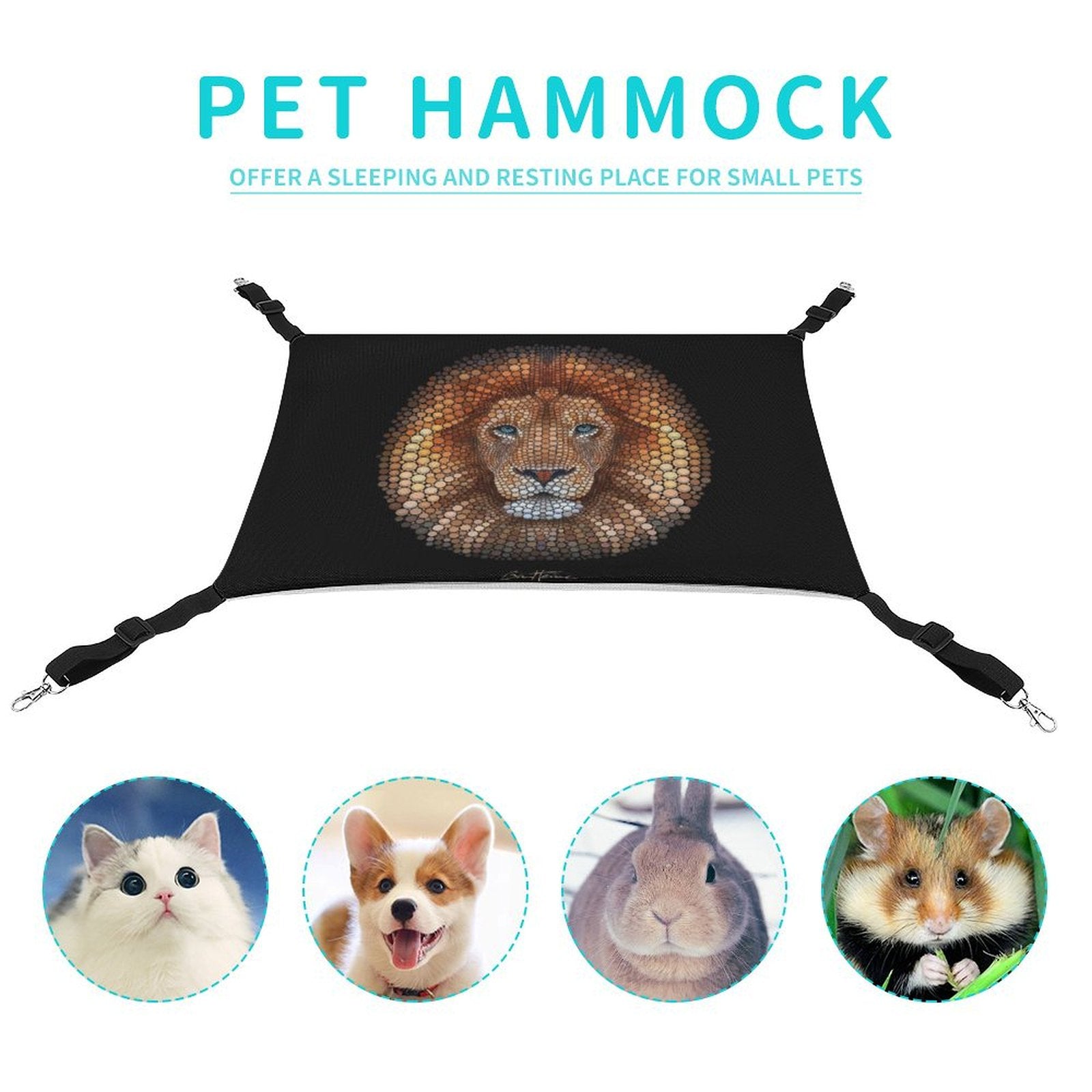 Lion face pet hammock with adjustable straps and hooks for cats, small dogs, rabbits. Comfortable hanging bed.