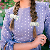 Custom scrunchies in braids. White polka dot design, comfortable polyester hair ties for women.